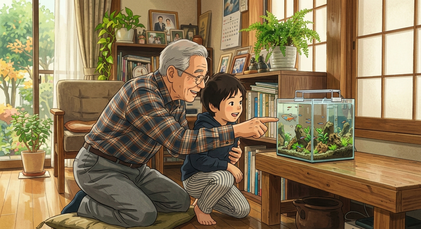 祖父と孫が一緒に水槽を眺めている様子